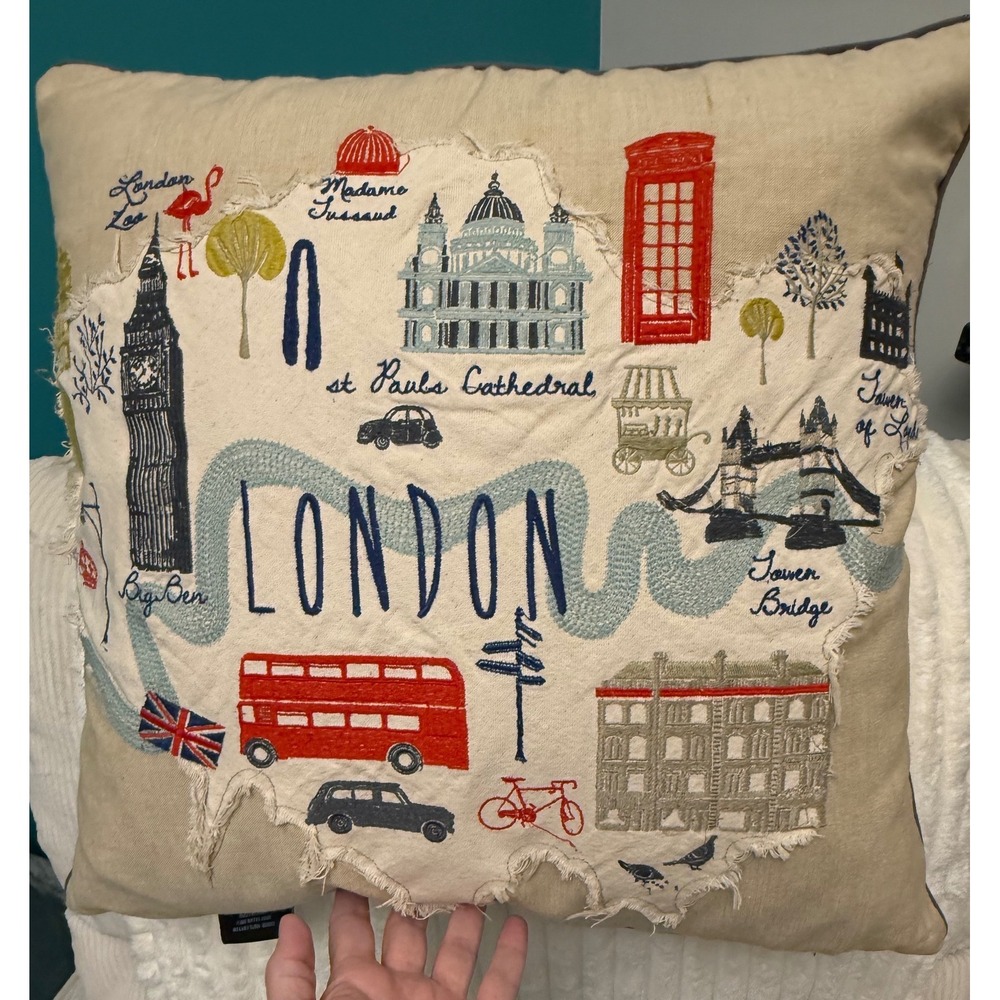 Cynthia Rowley London Map Throw Pillow 20x20 Beige Embroidered Travel Souvenir